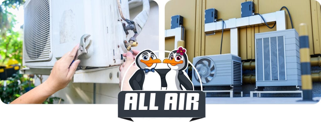 All Air HVAC logo with penguin mascots beside residential and commercial air conditioning units, representing expert cooling and heating solutions