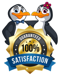 ALL AIR 100% satisfaction guarantee badge with penguin mascots symbolizing trusted and high-quality air conditioning services