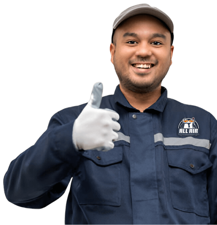 Friendly ALL AIR technician in uniform giving thumbs up, showcasing reliable and professional HVAC repair and maintenance services