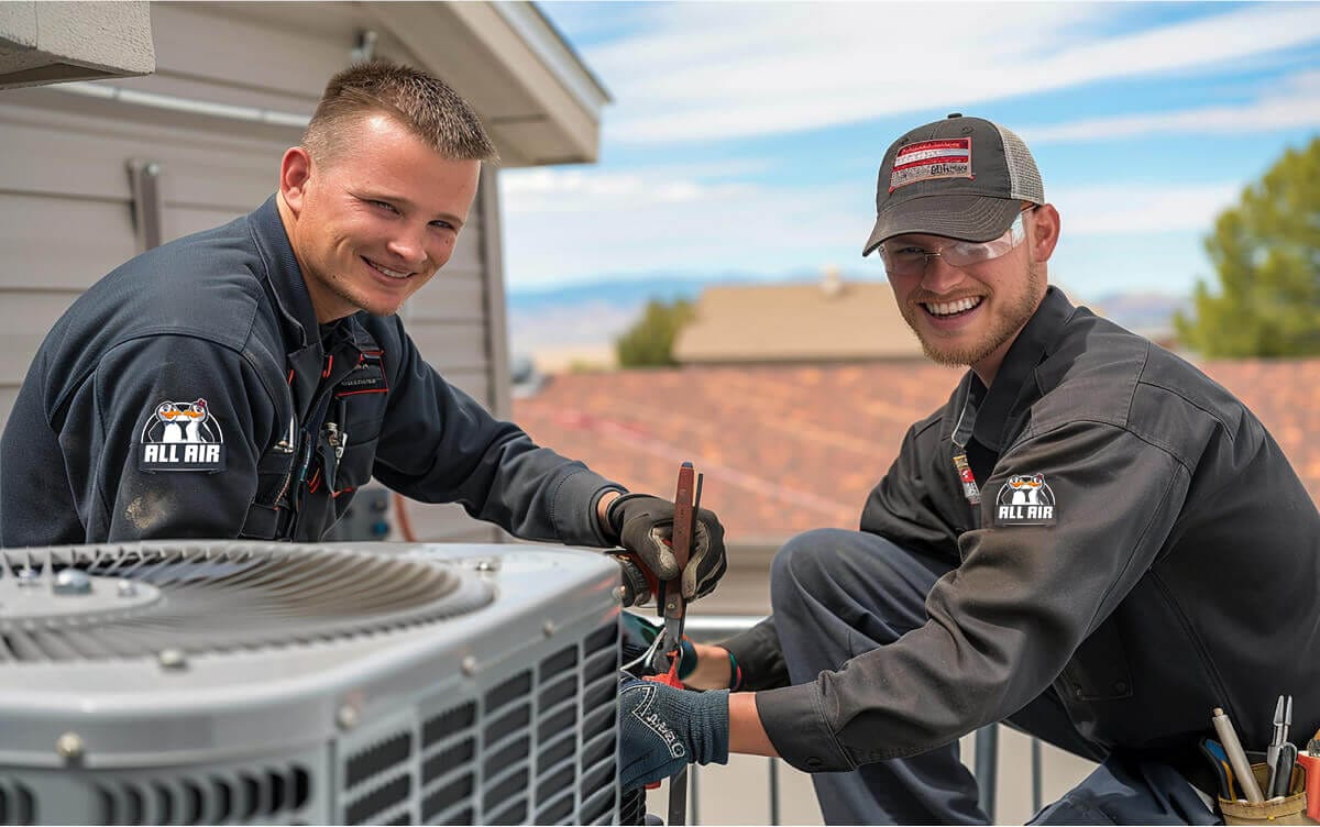 Friendly All Air HVAC technicians working together on rooftop air conditioning repair, providing expert service for reliable heating and cooling solutions