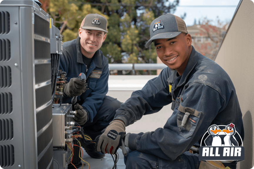 Friendly All Air HVAC technicians working together on rooftop air conditioning repair, providing expert service for reliable heating and cooling solutions