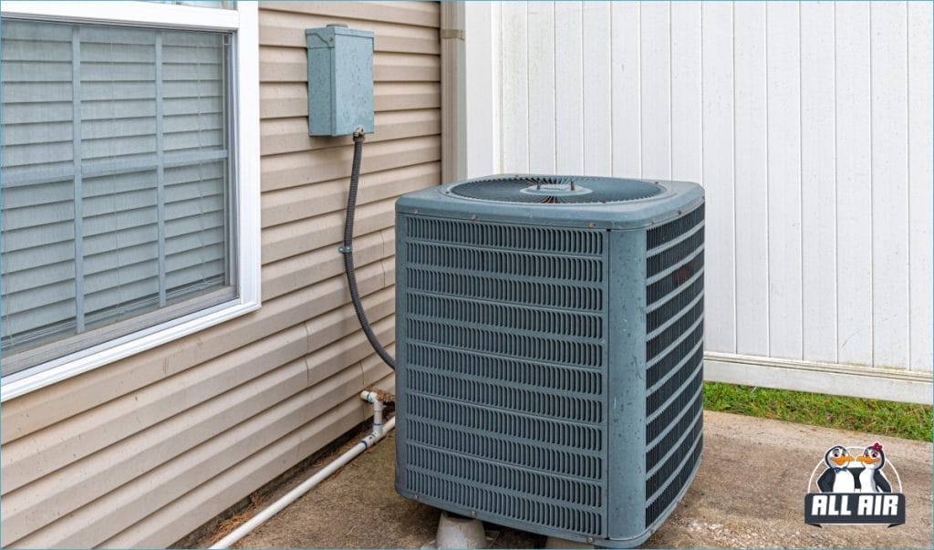 An outdoor HVAC unit installed beside a house, featuring a metal casing with a fan on top, surrounded by a well-maintained yard.