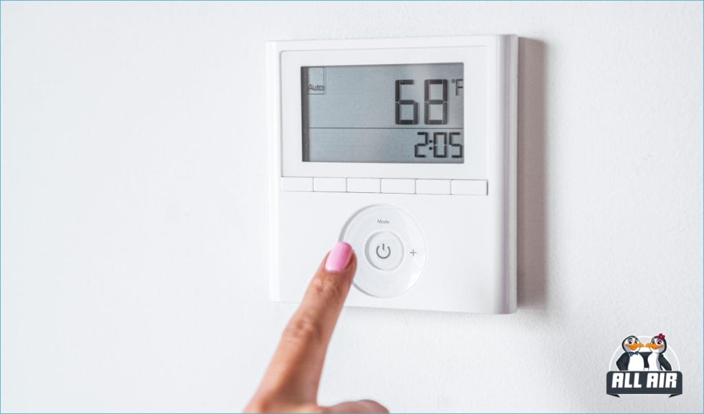 Hand adjusting a digital thermostat on a wall to set the home temperature.