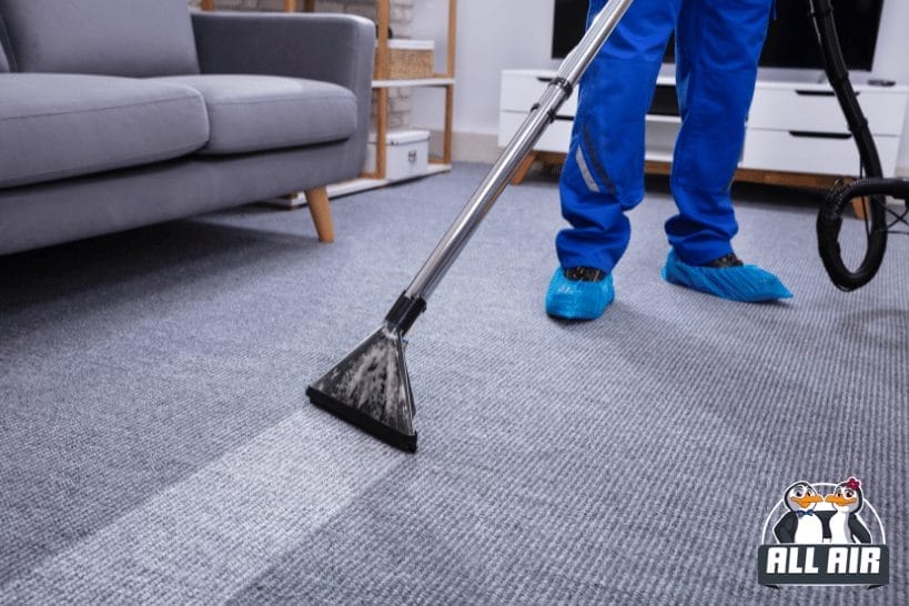 Person vacuuming carpet to reduce indoor dust and allergens
